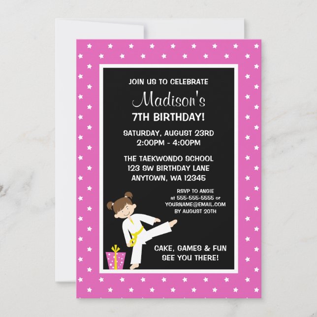 Invitation Taekwondo Karate Pink Stars Fille Anniversaire (Devant)