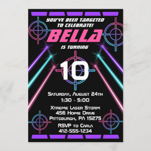 Invitation Tag laser Filles Neon Pink Poutres violettes Anniv