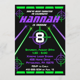 Invitation Tag laser Neon Green & Purple Beams Anniversaire