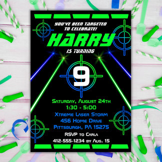 Invitation Tag laser Neon Poutres vertes et Bleues Fête d'ann