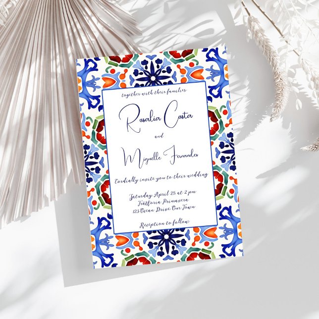 Invitation Talavera azulejo bleu tuile vintage Mexique mariag (Talavera Azulejo blue tiles vintage Mexican wedding Invitation editable template instant download)
