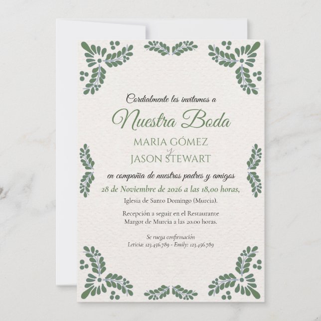 Invitation Talavera Green Floral Minimalist Spanish Wedding (Devant)
