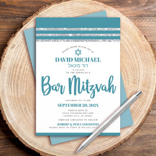 Invitation Tallit argent sarcelle Bar Mitzvah Nom hébreu Mode