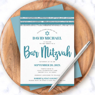 Invitation Tallit Bar Mitzvah simple moderne argent sarcelle 