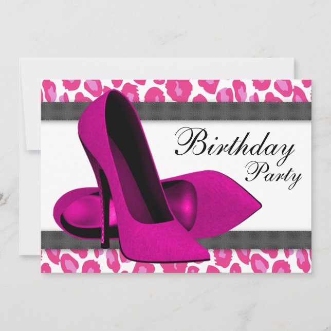 Invitation Talons hauts et léopard rose fuchsia pour la fête  (Devant)