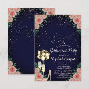 Invitation Talons hauts, fête de retraite florale bleue confe