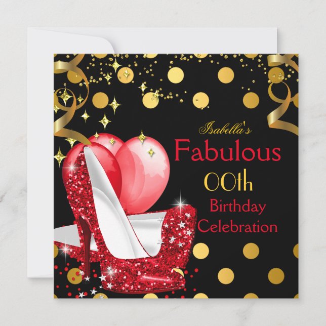 Invitation Talons hauts rouges qui brillent doré Fête d'anniv (Devant)
