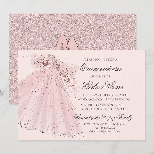 Invitation Talons roses roses et quinceañera (Devant / Derrière)