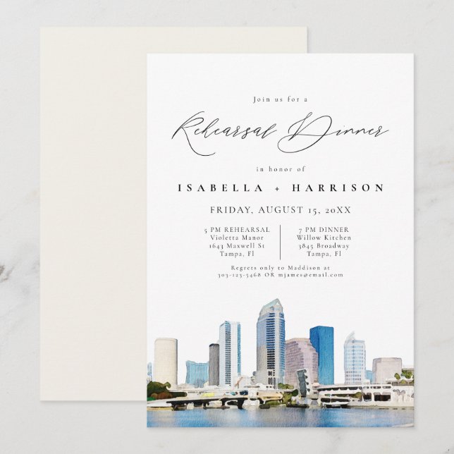 Invitation TAMPA Aquarelle Skyline Florida Dîner de répétitio (Devant / Derrière)