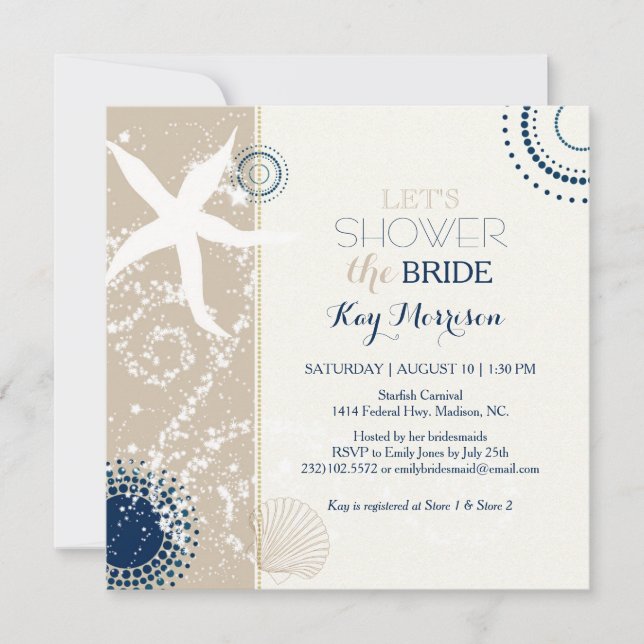 Invitation Tan Navy Blue Ivory Beach Fête des mariées (Devant)