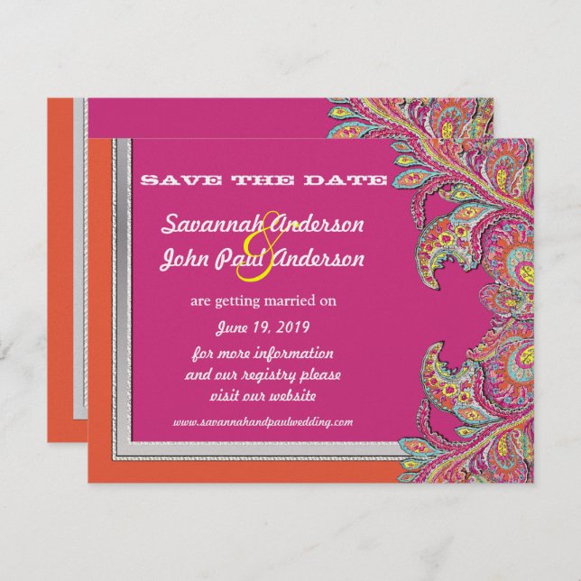 Invitation Tangerine d'argent et mariage Fuchsia Enregistrer  (Devant / Derrière)