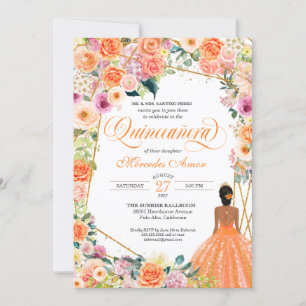 Invitation Tangerine Orange Pêche Blush Roses Quinceanera
