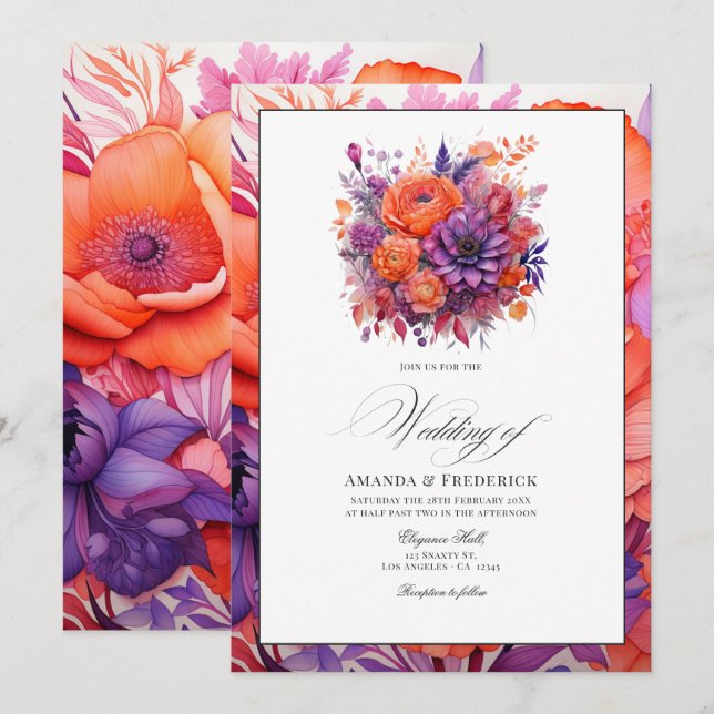 Invitation Tangérine, rose chaud et Mariage royal de fleurs v (Devant / Derrière)
