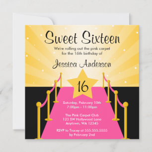 Invitation Tapis rose Hollywood Sweet 16 Anniversaire