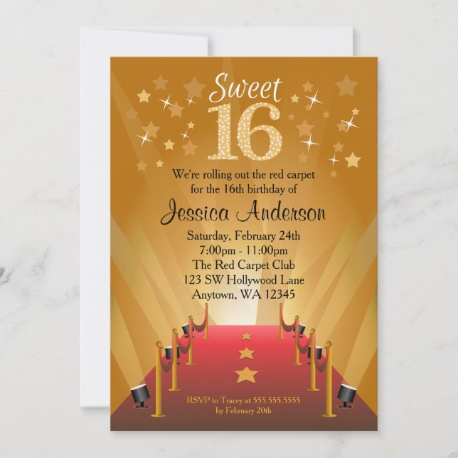 Invitation Tapis rouge Hollywood Star Sweet 16 Anniversaire (Devant)