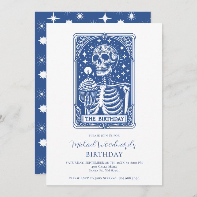 Invitation Tarot Skeleton Blue Birthday (Devant / Derrière)