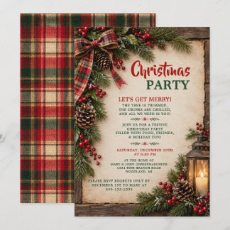 Invitation Tartan à carreaux rustique de pin houx Noël Party