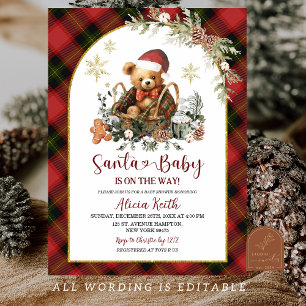Invitation Tartan de Noël rouge Santa Bear Baby Shower