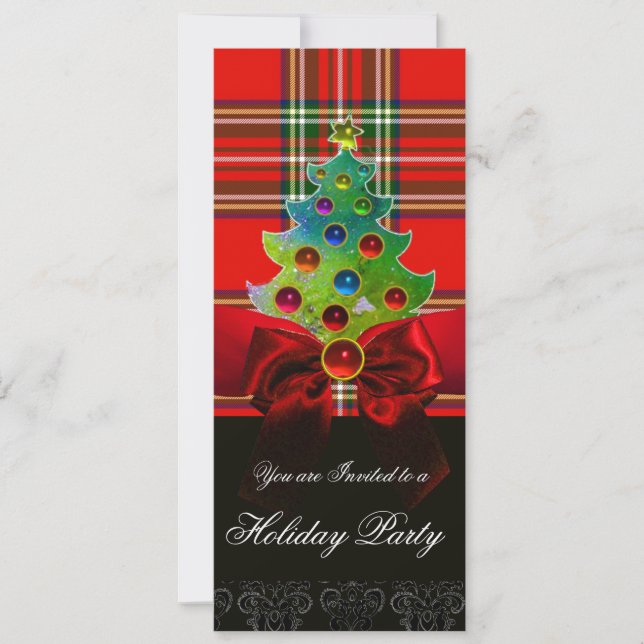 INVITATION TARTAN ÉCOSSAIS, BOIS ROUGE ET ARBRE DE NOËL (Devant)