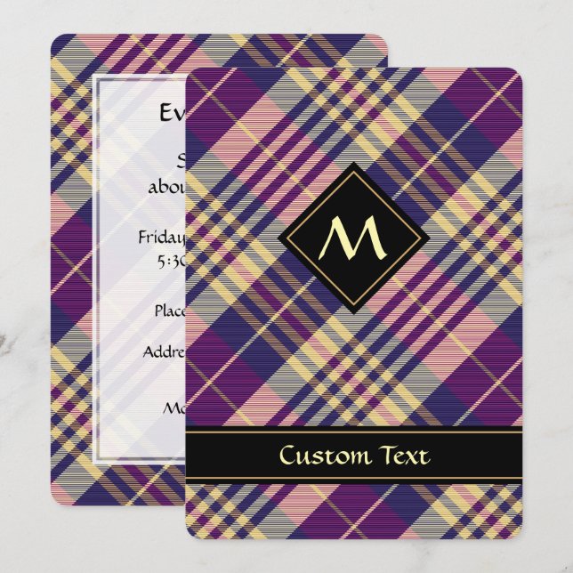 Invitation Tartan mauve, or et bleu (Devant / Derrière)