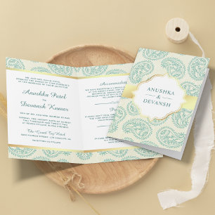 Invitation Tartan Paisley Sarcelle et Or Mariage Indien Tradi