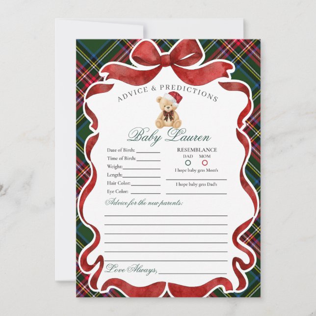 Invitation Tartan Plaid Christmas Bear Advice for Baby Card (Devant)