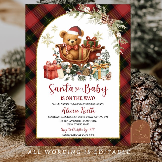 Invitation Tartan Red Christmas Santa Bear Baby Shower  (Créateur téléchargé)