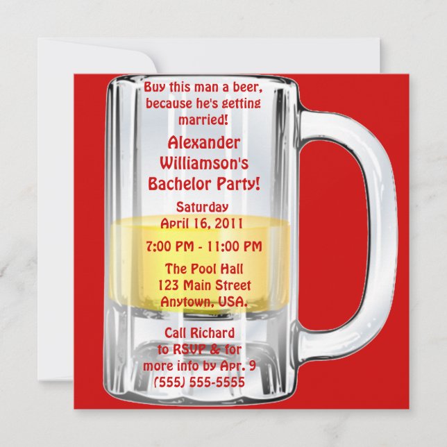 Invitation Tasse à bière pour enterrement de vie de garçon (Devant)