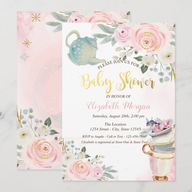 Invitation Tasse à thé chic Teapot Baby shower de fleurs rose (Devant / Derrière)