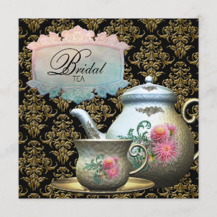 Invitation Tasse à thé en or rose damas noir pour enterrement