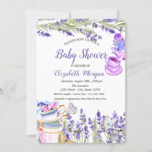 Invitation Tasse à thé Lavande Papillon Paillettes Baby Showe