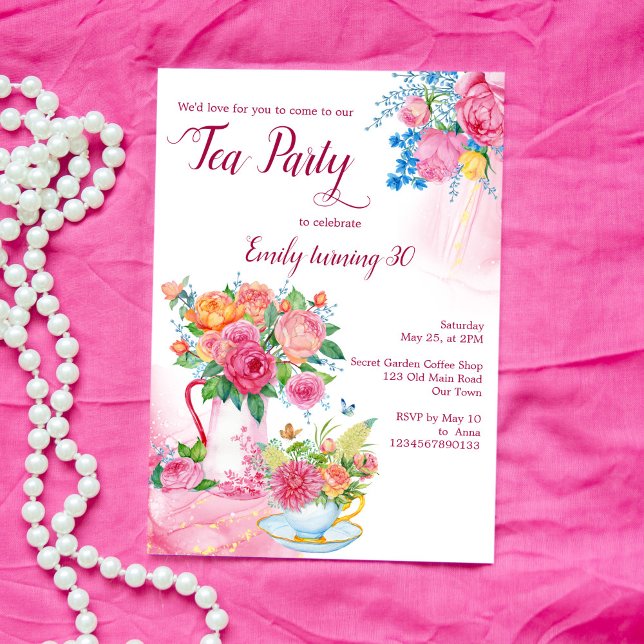 Invitation Tasse d'anniversaire de la fête du thé remplie de  (Créateur téléchargé)