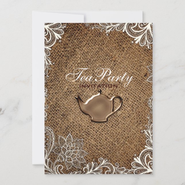 Invitation tasse de thé de la dentelle du pays de burlap (Devant)