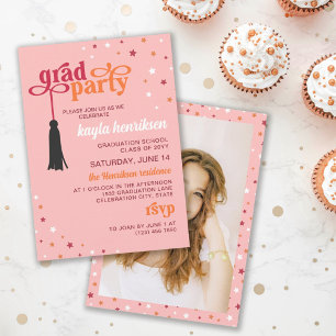Invitation Tassel & Etoiles Rose Retro Script Grad Party