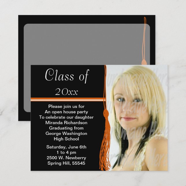 Invitation Tassel Photo Graduation Party Orange and Black (Devant / Derrière)