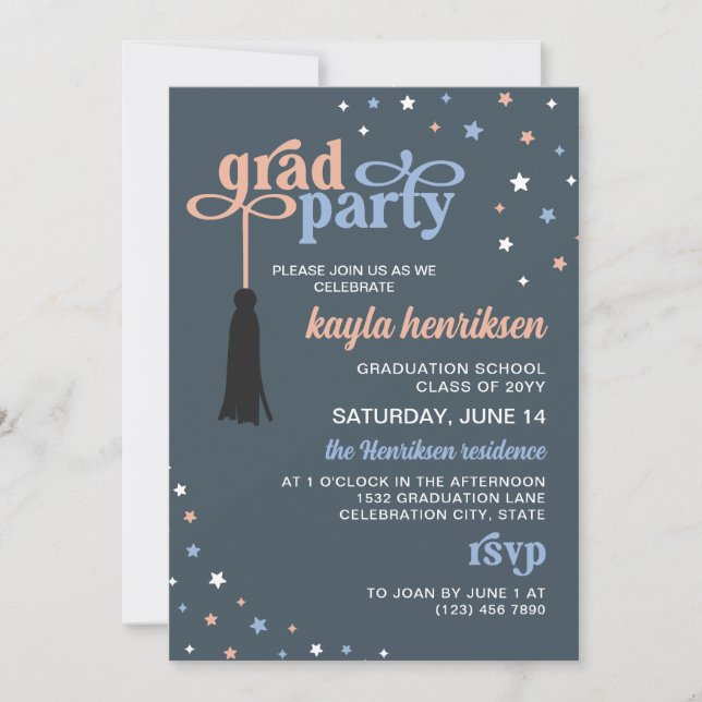 Invitation Tassel & Stars Steel Retro Script Grad Party (Devant)