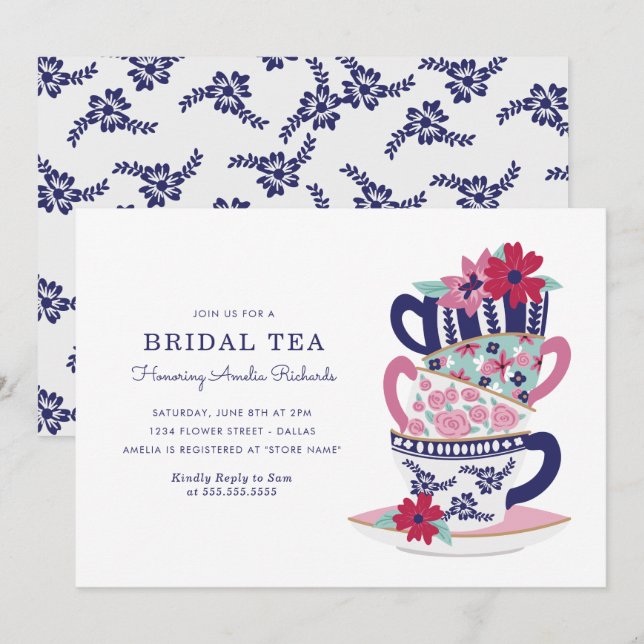 Invitation Tasses à thé à Fête des mariées (Devant / Derrière)