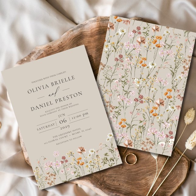 Invitation Taupe Beige Boho Fleur sauvage Jardin Mariage (Créateur téléchargé)