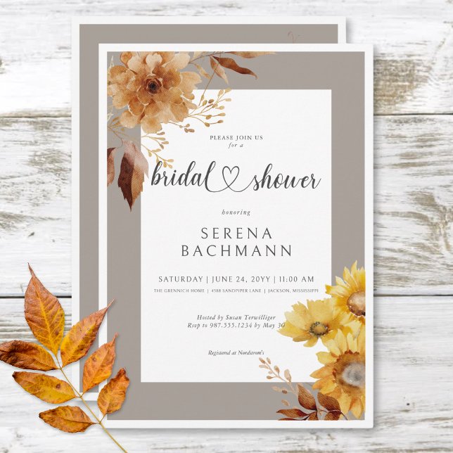 Invitation Taupe de tournesol d'automne rustique Fête des mar (Rustic Autumn Sunflower Taupe White Bridal Shower Invitation)