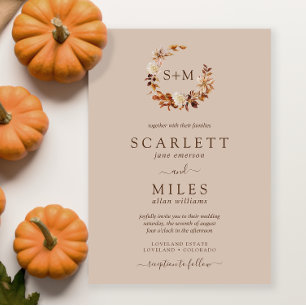 Invitation Taupe Fall Terracotta Monogramme Mariage de couron