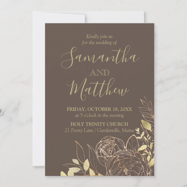 Invitation Taupe foncée et pivoine dorée Mariage floral moder (Devant)