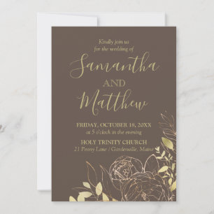 Invitation Taupe foncée et pivoine dorée Mariage floral moder