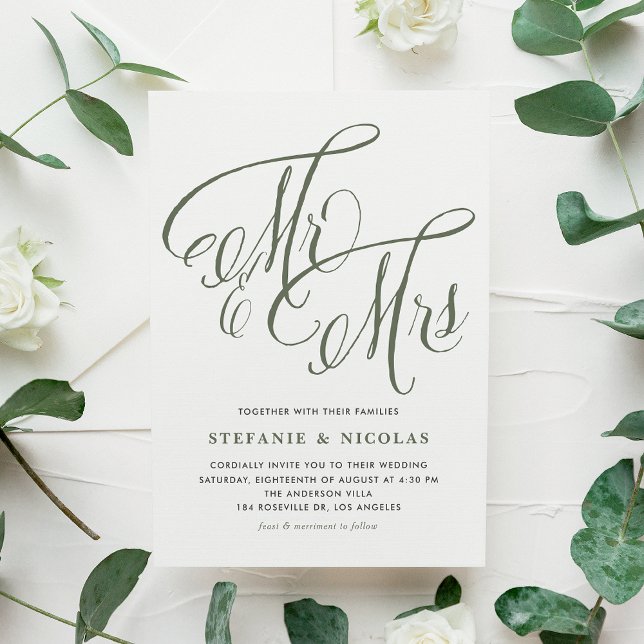 Invitation Taupe Green Mme et Mme Rustic Script Mariage (Taupe Green Mrs. and Mrs. Rustic Calligraphy Wedding Invitation)