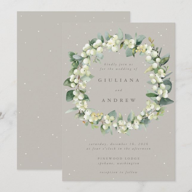 Invitation Taupe/Grige Snowberry+Eucalyptus Mariage de couron (Devant / Derrière)