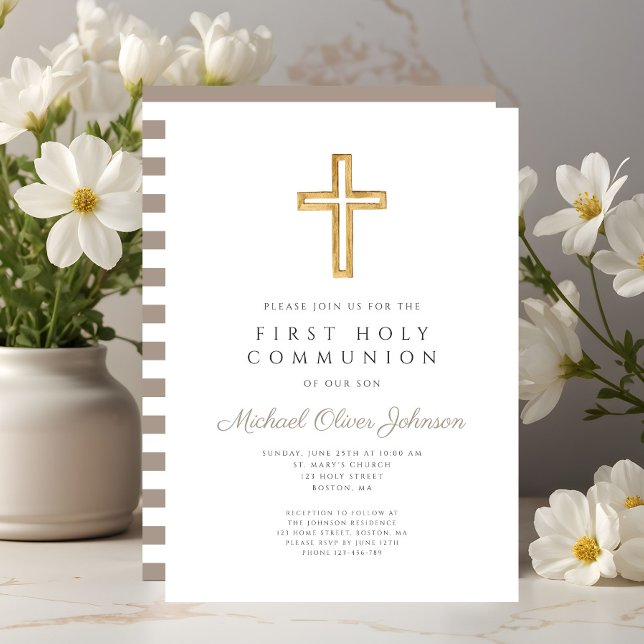 Invitation Taupe moderne Cross Boy First Communion (Modern Taupe Cross Boy First Communion Invitation)