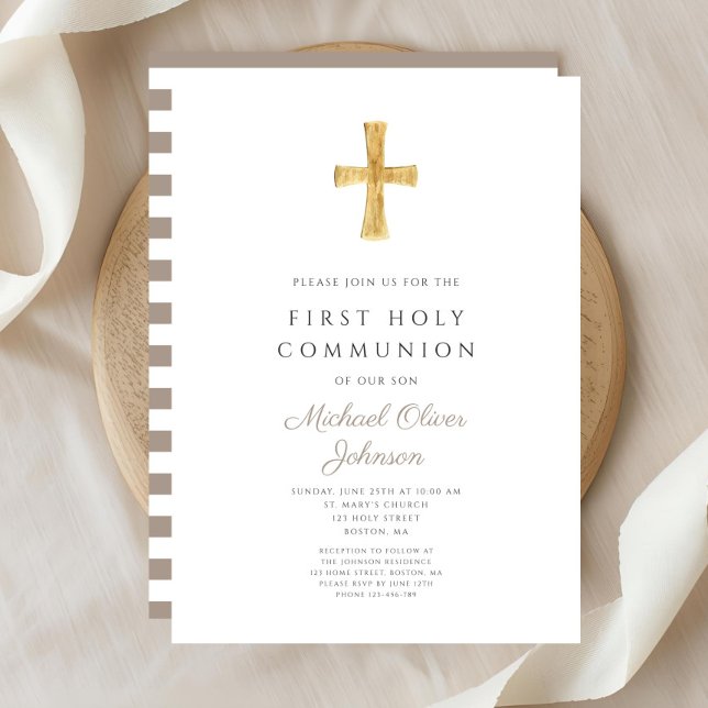 Invitation Taupe moderne Cross Boy First Communion (Modern Taupe Cross Boy First Communion Invitation)