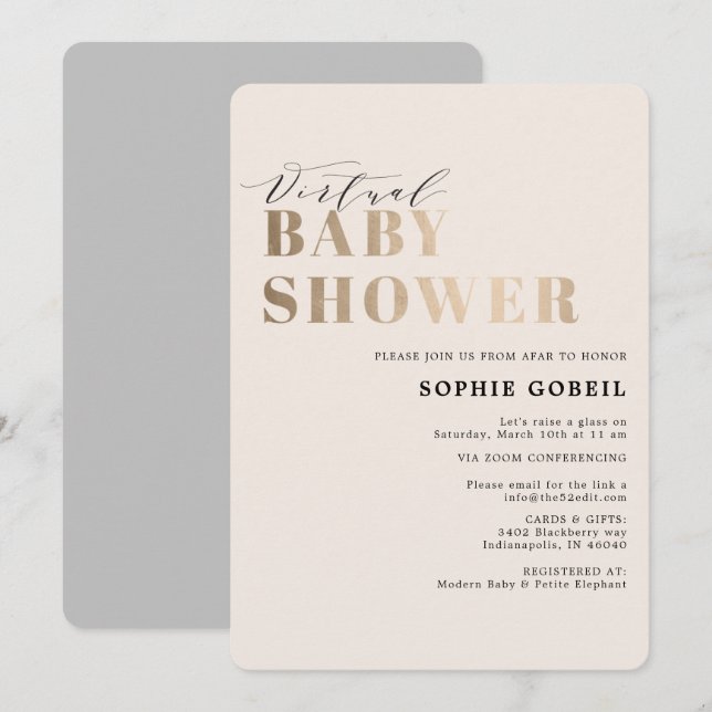 Invitation Taupe neutre simple et Baby shower VIRTUTAL Or (Devant / Derrière)