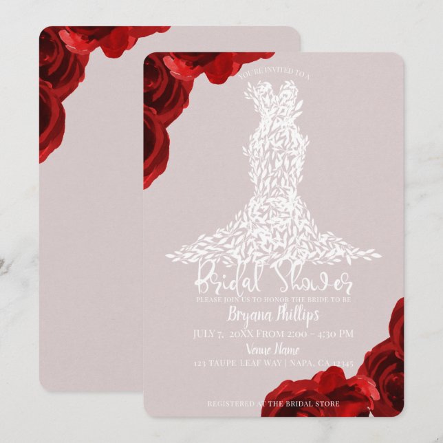 Invitation Taupe Roses rouges Roses Feuilles blancs Fête des  (Devant / Derrière)