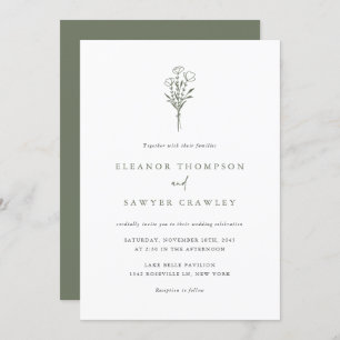 Invitation Taupe vert minimaliste Bouquet QR Code Mariage
