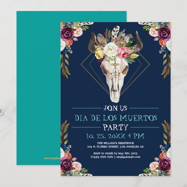 Invitation Taureau de sucre fleur tribale Dia De Los Muertos (Devant / Derrière)